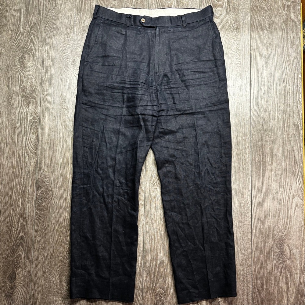 Brooks Brothers 346 Mens Navy Blue 34x30 100% Linen Flat Front Dress Pants